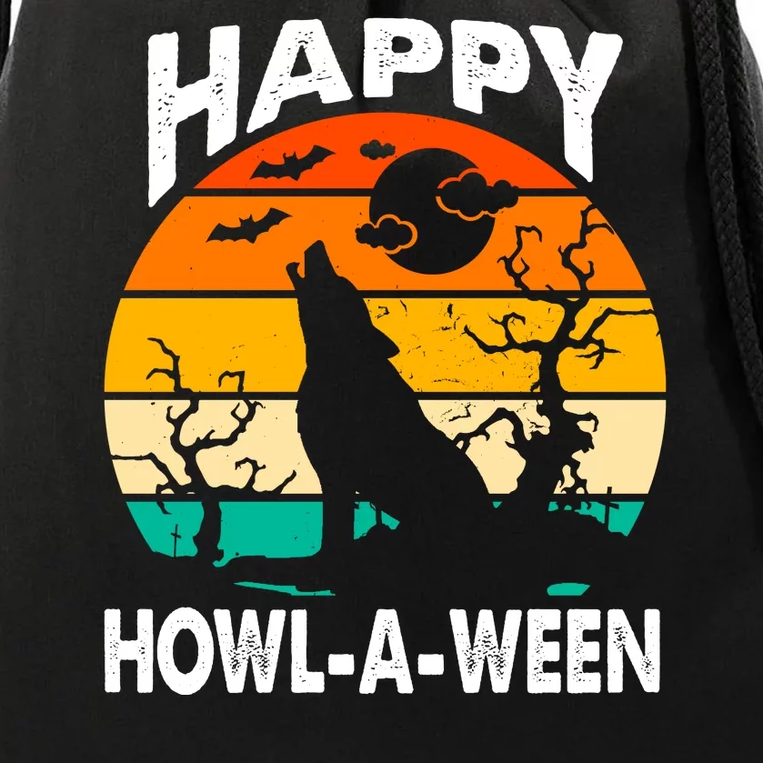 Happy Howl A Ween Halloween Wolf Retro Drawstring Bag