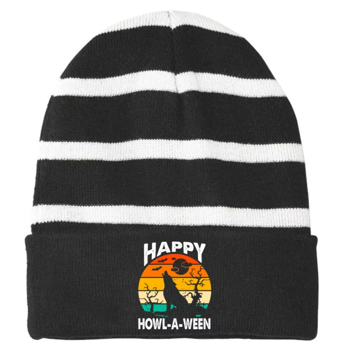 Happy Howl A Ween Halloween Wolf Retro Striped Beanie with Solid Band