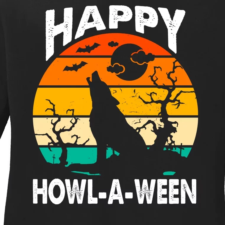 Happy Howl A Ween Halloween Wolf Retro Ladies Long Sleeve Shirt