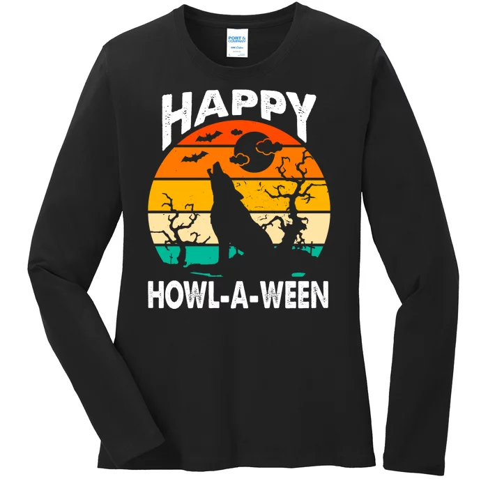 Happy Howl A Ween Halloween Wolf Retro Ladies Long Sleeve Shirt