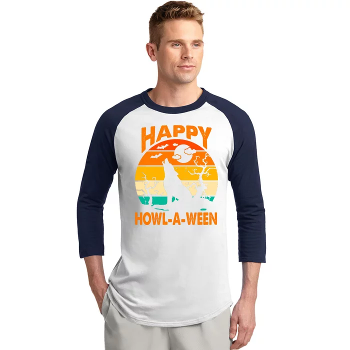 Happy Howl A Ween Halloween Wolf Retro Baseball Sleeve Shirt