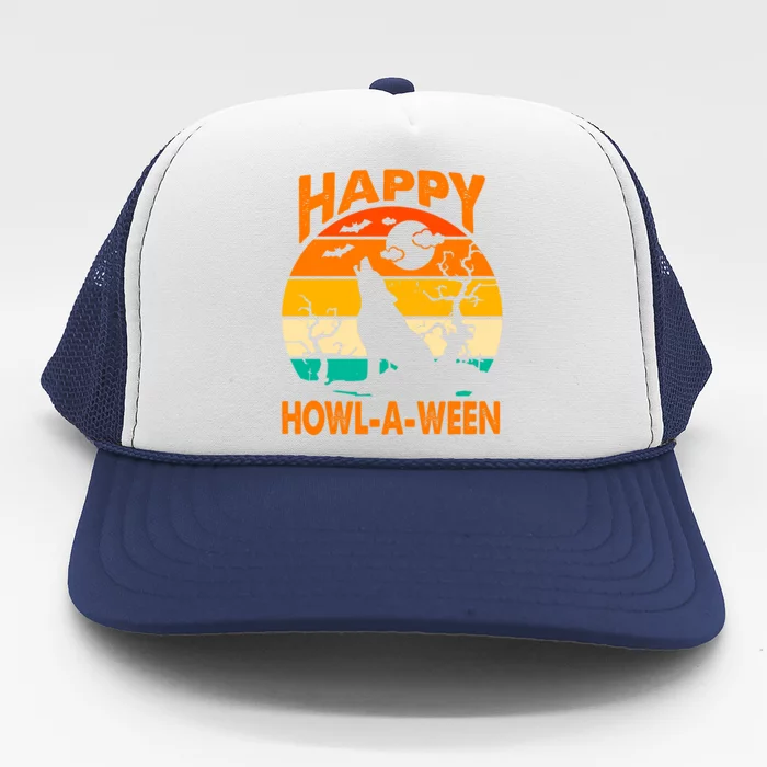 Happy Howl A Ween Halloween Wolf Retro Trucker Hat