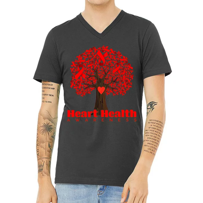 Heart Health Awareness Red Ribbon Heart Tree V-Neck T-Shirt