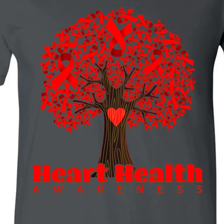 Heart Health Awareness Red Ribbon Heart Tree V-Neck T-Shirt