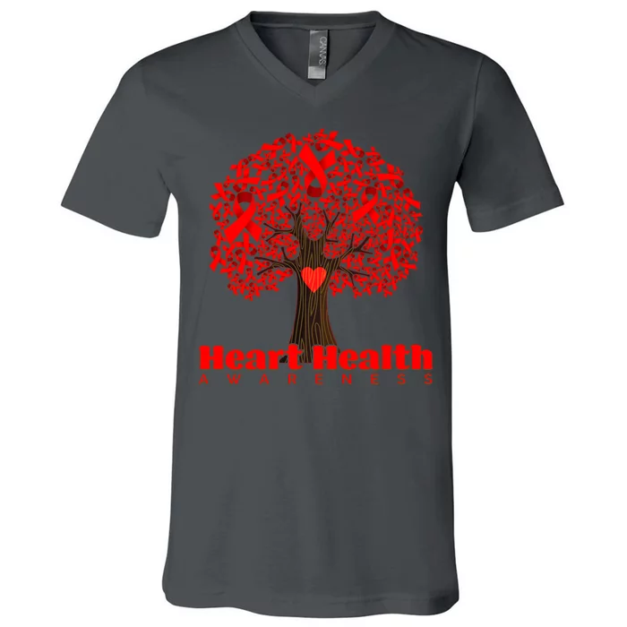 Heart Health Awareness Red Ribbon Heart Tree V-Neck T-Shirt