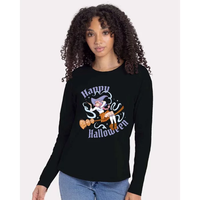 Happy Halloween Anime Witch Girl Womens Cotton Relaxed Long Sleeve T-Shirt