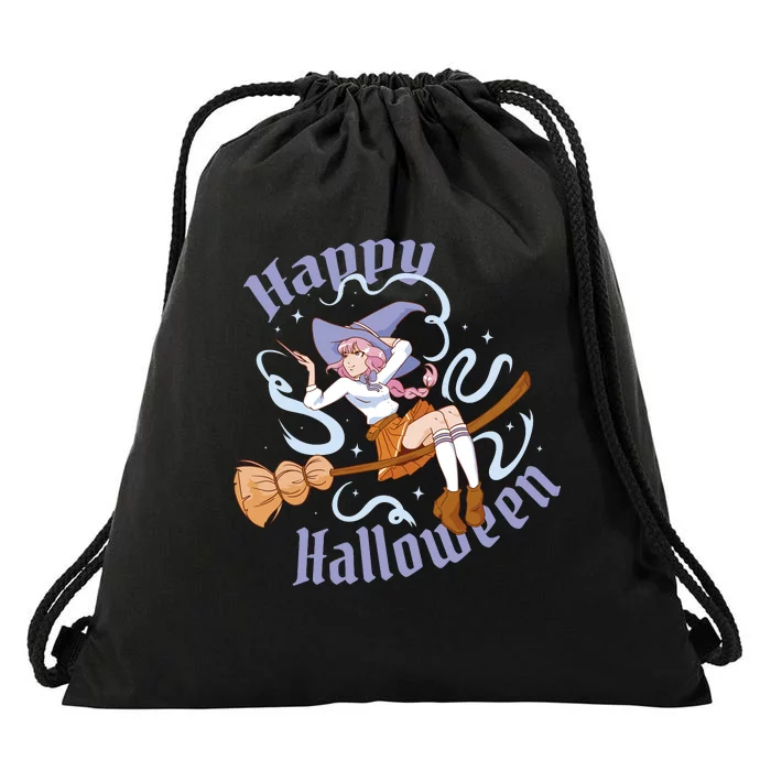 Happy Halloween Anime Witch Girl Drawstring Bag