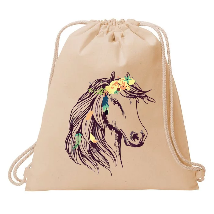 Horse Head Art With Flowers For Animal Lovers Horses Drawstring Bag