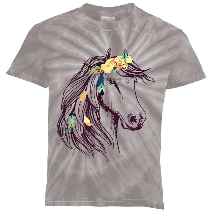 Horse Head Art With Flowers For Animal Lovers Horses Kids Tie-Dye T-Shirt