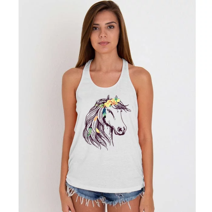 Horse Head Art With Flowers For Animal Lovers Horses Women's Knotted Racerback Tank