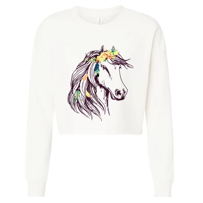 Horse Head Art With Flowers For Animal Lovers Horses Cropped Pullover Crew