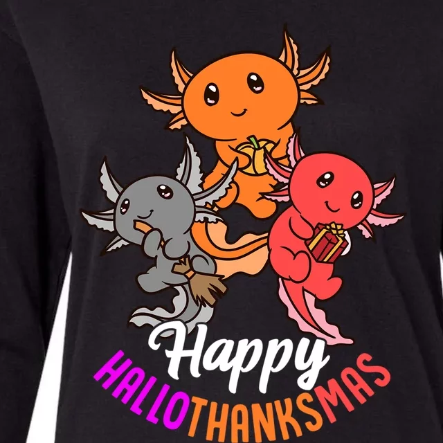 Happy Hallothanksmas Axolotl Lover Halloween Christmas Gift Womens Cotton Relaxed Long Sleeve T-Shirt