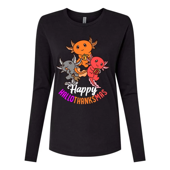 Happy Hallothanksmas Axolotl Lover Halloween Christmas Gift Womens Cotton Relaxed Long Sleeve T-Shirt