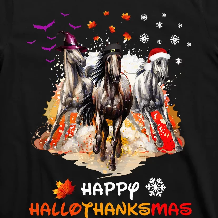 Horse Halloween And Merry Christmas Happy Hallothanksmas T-Shirt