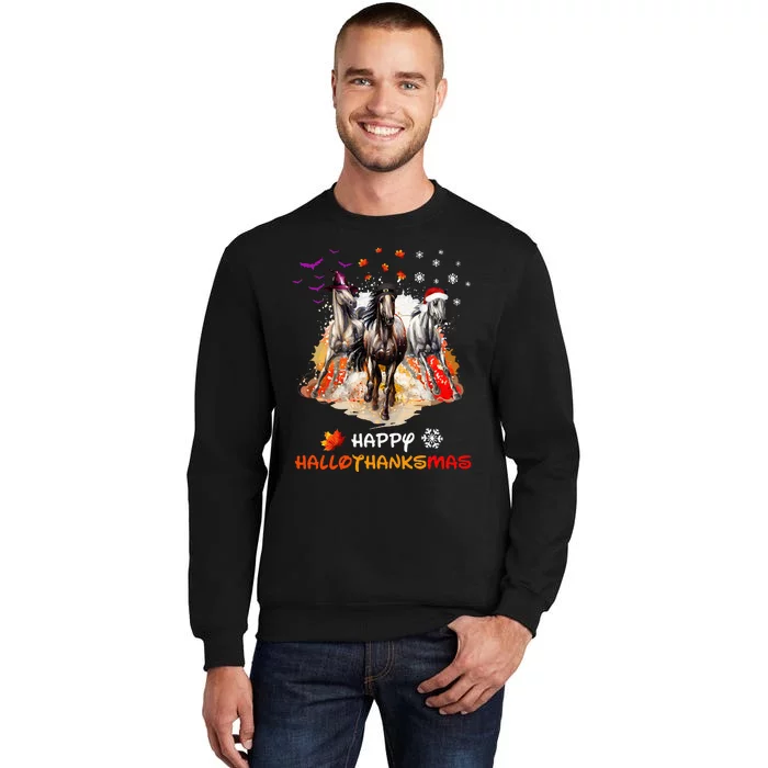 Horse Halloween And Merry Christmas Happy Hallothanksmas Tall Sweatshirt