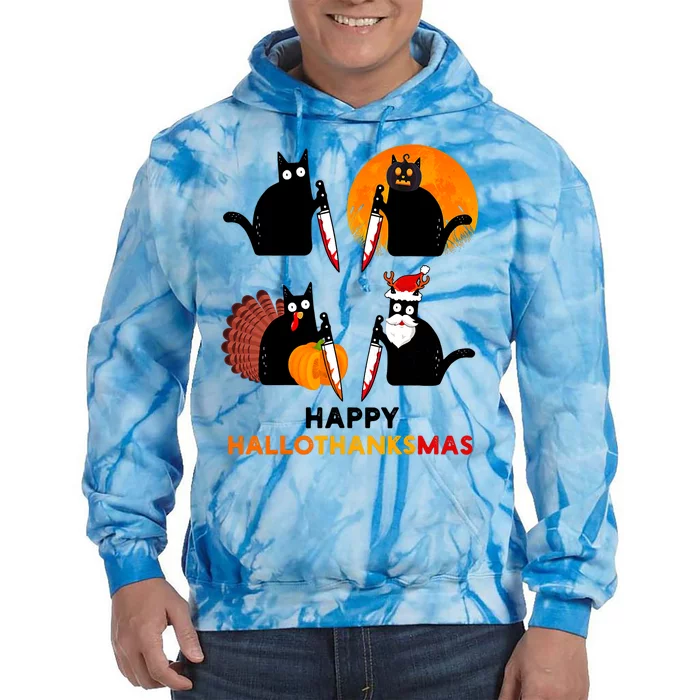 Happy Hallothanksmas Black Cat Halloween Thanksgiving Tie Dye Hoodie