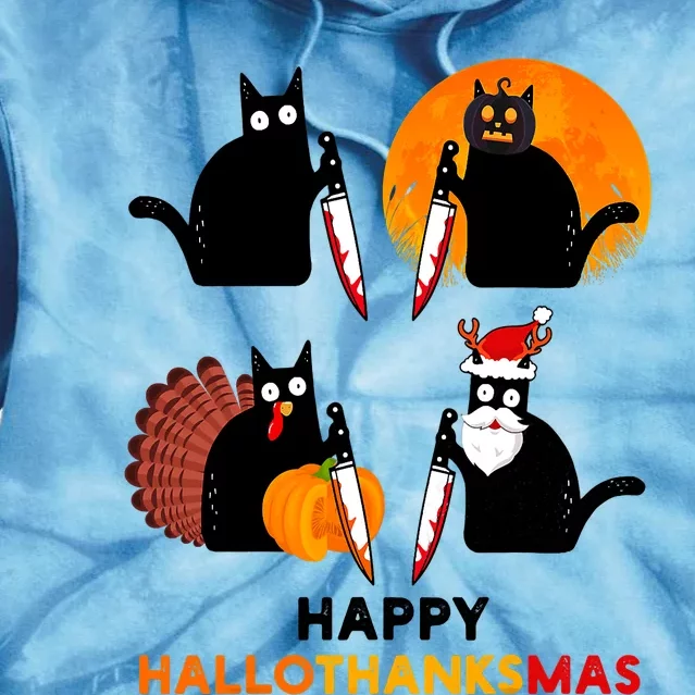 Happy Hallothanksmas Black Cat Halloween Thanksgiving Tie Dye Hoodie