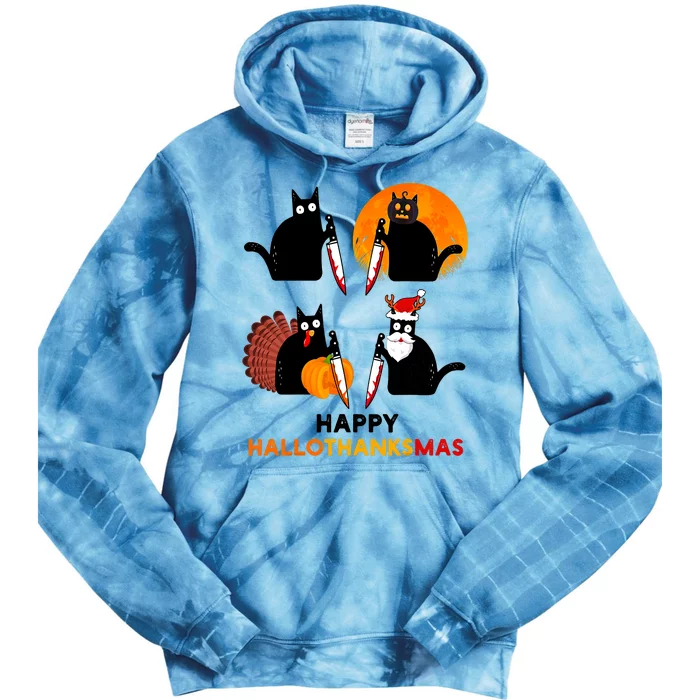 Happy Hallothanksmas Black Cat Halloween Thanksgiving Tie Dye Hoodie