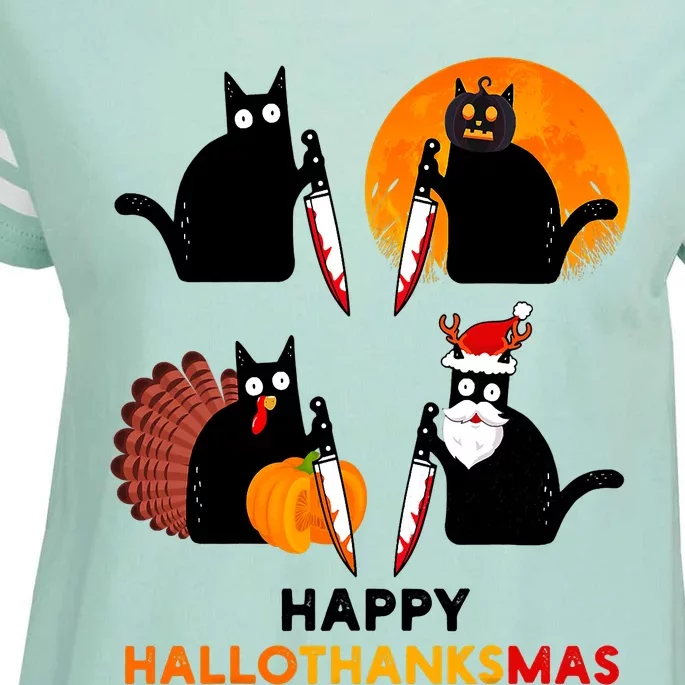 Happy Hallothanksmas Black Cat Halloween Thanksgiving Enza Ladies Jersey Football T-Shirt