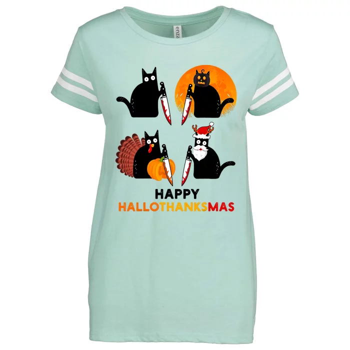 Happy Hallothanksmas Black Cat Halloween Thanksgiving Enza Ladies Jersey Football T-Shirt