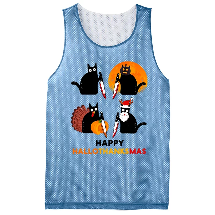 Happy Hallothanksmas Black Cat Halloween Thanksgiving Mesh Reversible Basketball Jersey Tank