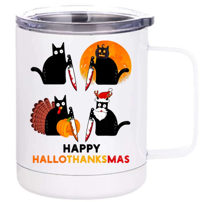 Happy Hallothanksmas Black Cat Halloween Thanksgiving Front & Back 12oz Stainless Steel Tumbler Cup