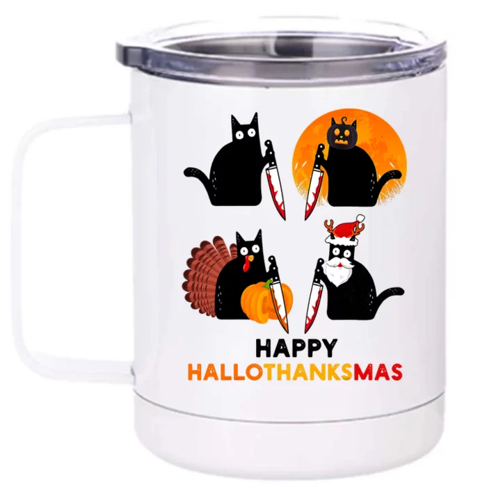 Happy Hallothanksmas Black Cat Halloween Thanksgiving Front & Back 12oz Stainless Steel Tumbler Cup