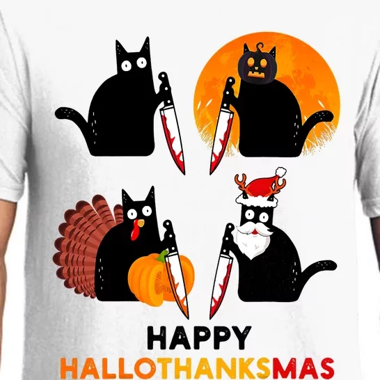 Happy Hallothanksmas Black Cat Halloween Thanksgiving Pajama Set