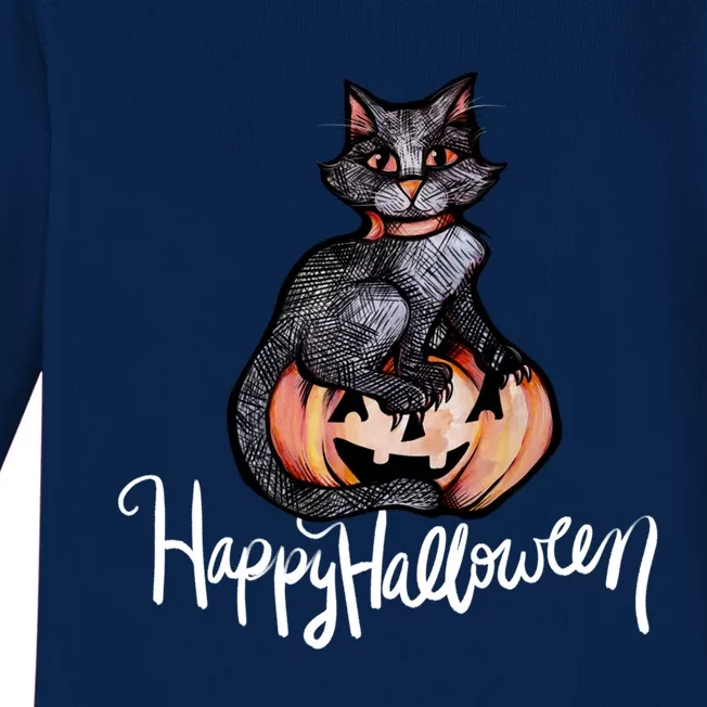 Happy Halloween Black Cat Pumpkin Meaningful Gift Baby Long Sleeve Bodysuit