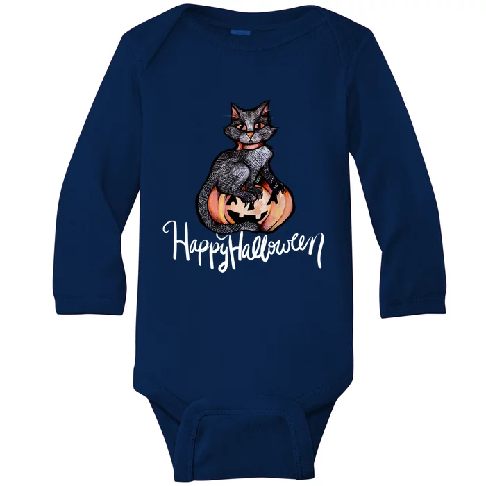 Happy Halloween Black Cat Pumpkin Meaningful Gift Baby Long Sleeve Bodysuit