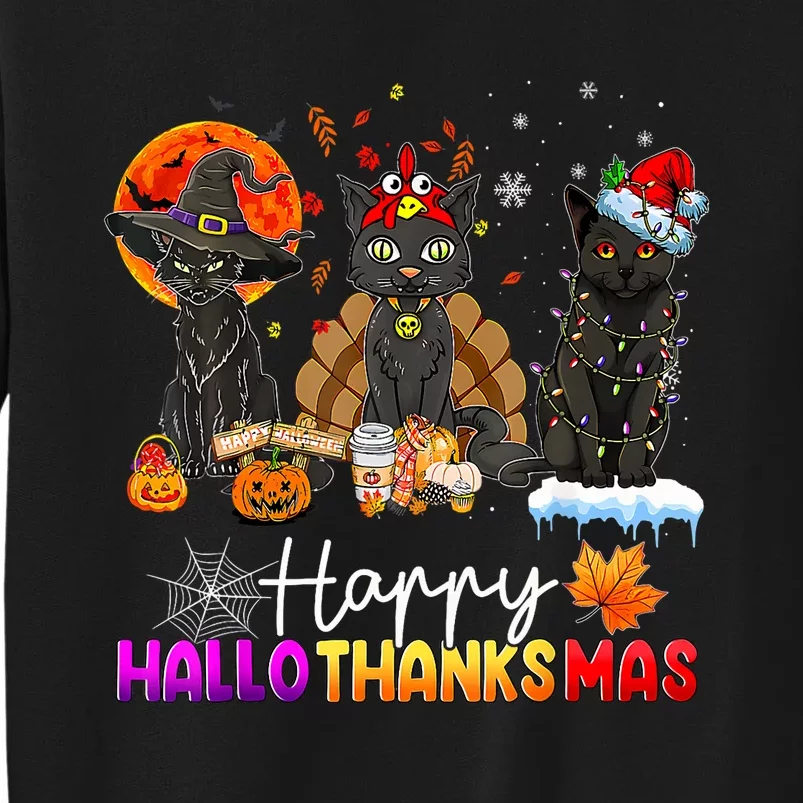 Happy Hallothanksmas Black Cat Halloween Thanksgiving Xmas Tall Sweatshirt