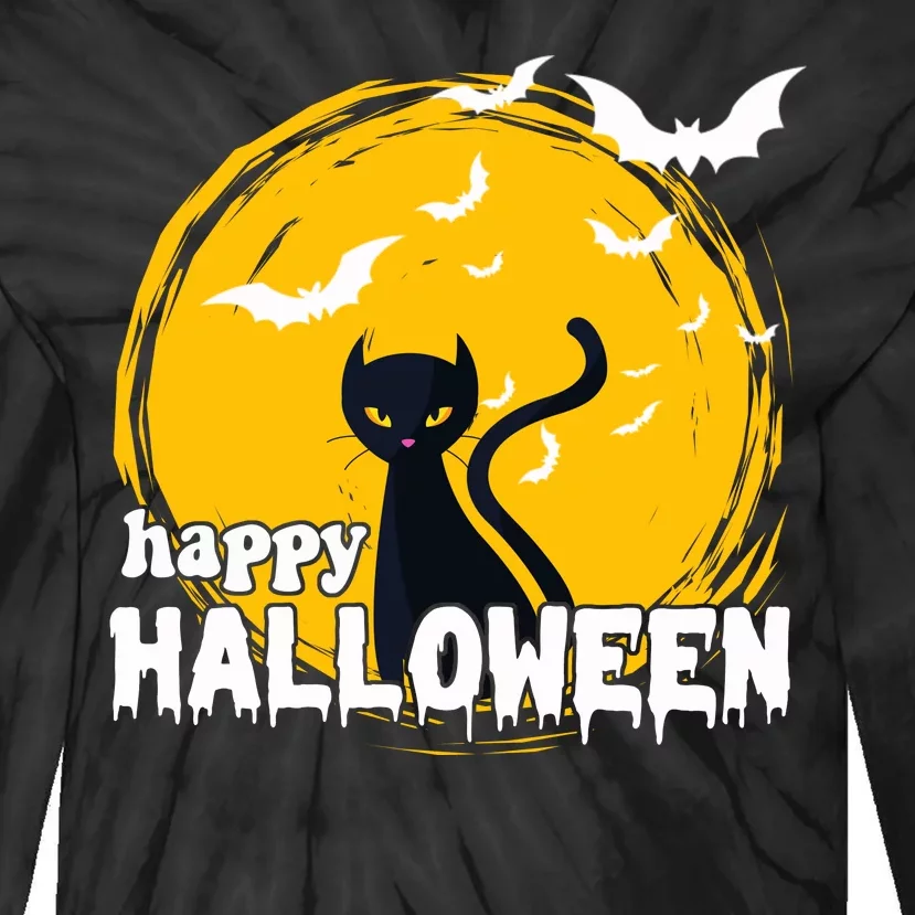 Happy Halloween Black Cat Spooky Tie-Dye Long Sleeve Shirt