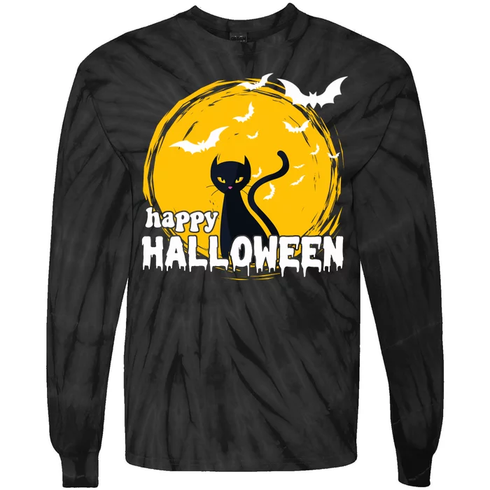 Happy Halloween Black Cat Spooky Tie-Dye Long Sleeve Shirt