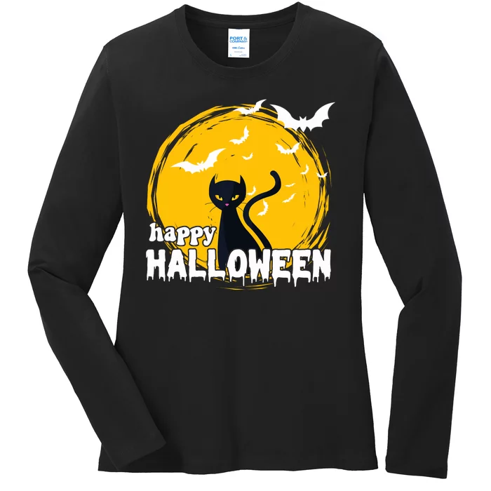 Happy Halloween Black Cat Spooky Ladies Long Sleeve Shirt