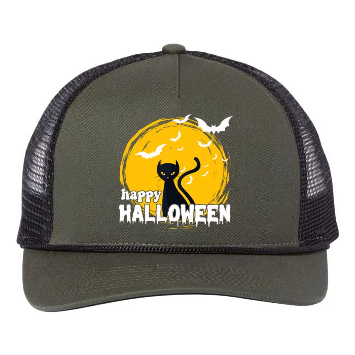 Happy Halloween Black Cat Spooky Retro Rope Trucker Hat Cap