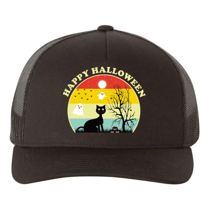 Happy Halloween Black Cat Retro Sunset Yupoong Adult 5-Panel Trucker Hat