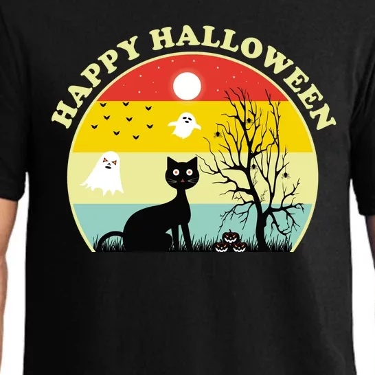 Happy Halloween Black Cat Retro Sunset Pajama Set