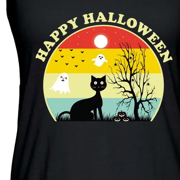 Happy Halloween Black Cat Retro Sunset Ladies Essential Flowy Tank