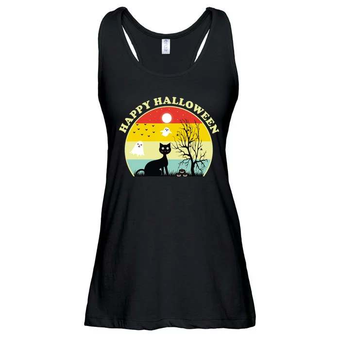 Happy Halloween Black Cat Retro Sunset Ladies Essential Flowy Tank