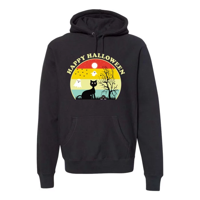 Happy Halloween Black Cat Retro Sunset Premium Hoodie