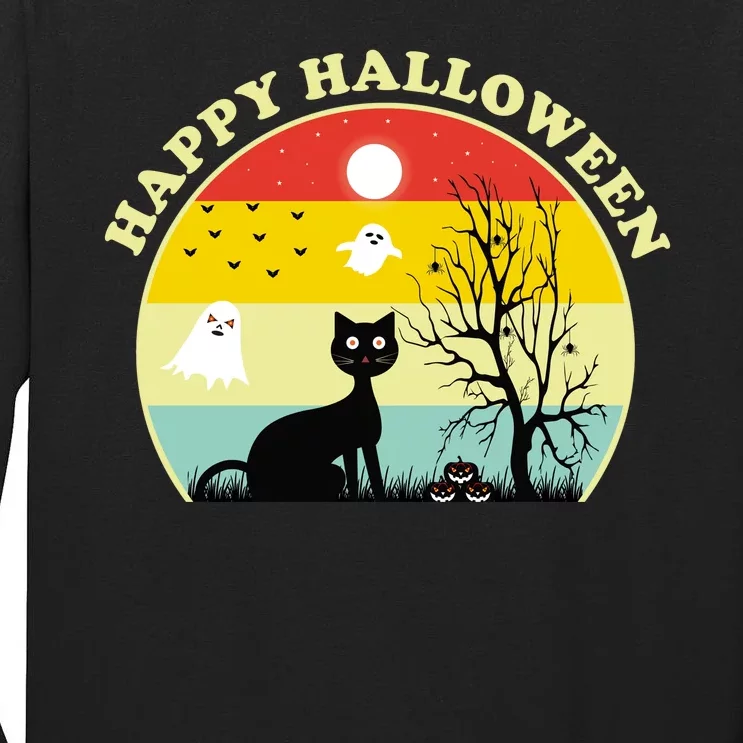 Happy Halloween Black Cat Retro Sunset Tall Long Sleeve T-Shirt