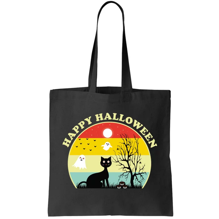 Happy Halloween Black Cat Retro Sunset Tote Bag