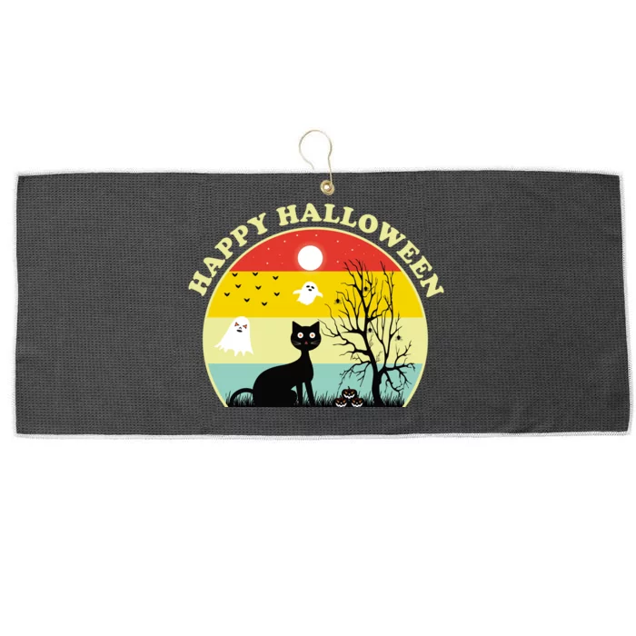 Happy Halloween Black Cat Retro Sunset Large Microfiber Waffle Golf Towel