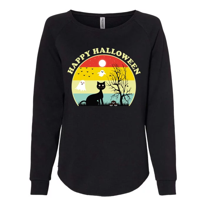 Happy Halloween Black Cat Retro Sunset Womens California Wash Sweatshirt