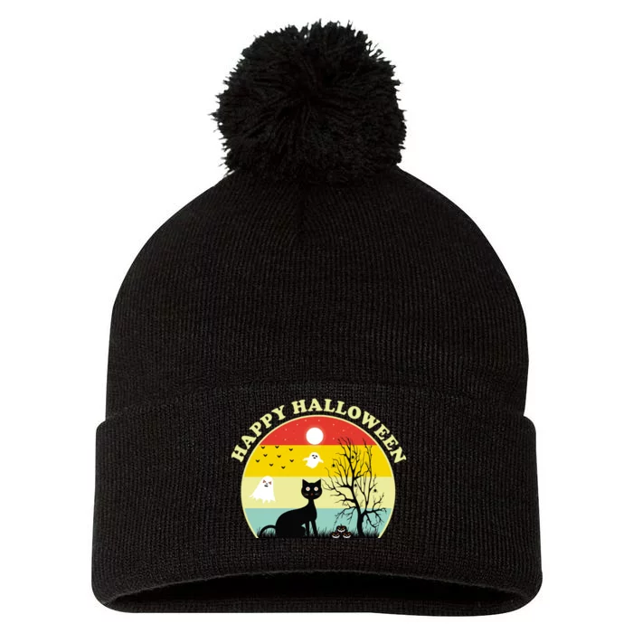 Happy Halloween Black Cat Retro Sunset Pom Pom 12in Knit Beanie