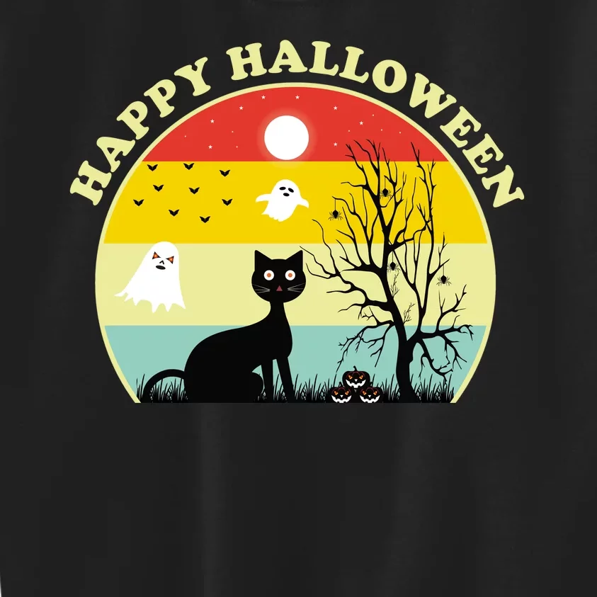 Happy Halloween Black Cat Retro Sunset Kids Sweatshirt