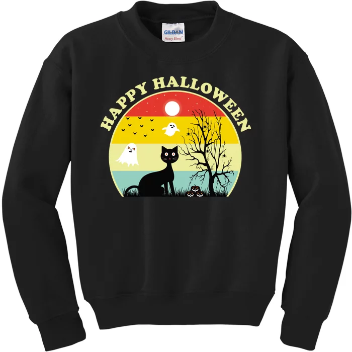 Happy Halloween Black Cat Retro Sunset Kids Sweatshirt