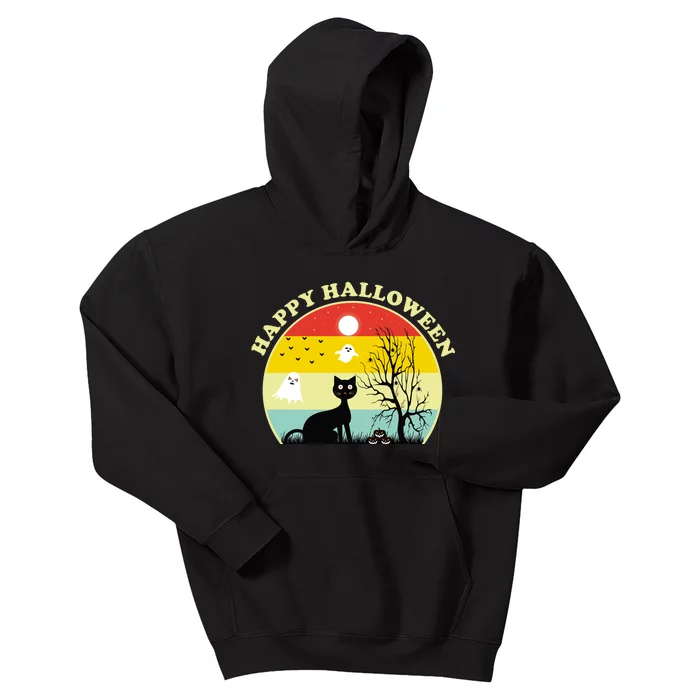 Happy Halloween Black Cat Retro Sunset Kids Hoodie