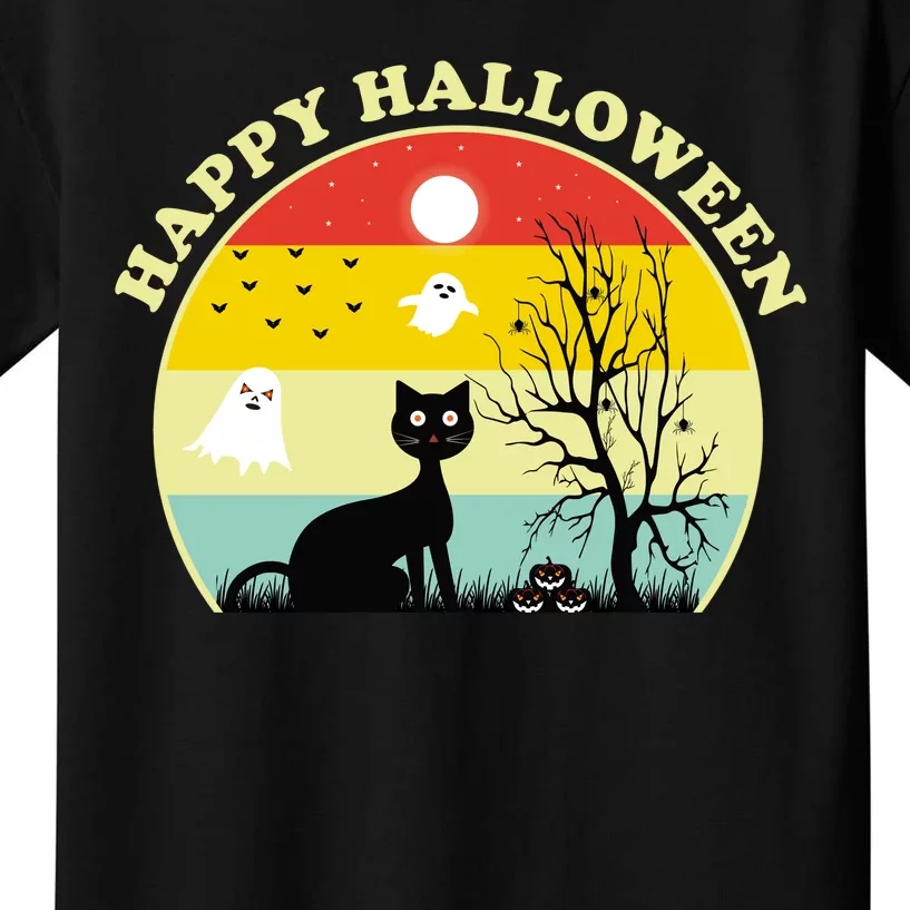 Happy Halloween Black Cat Retro Sunset Kids T-Shirt