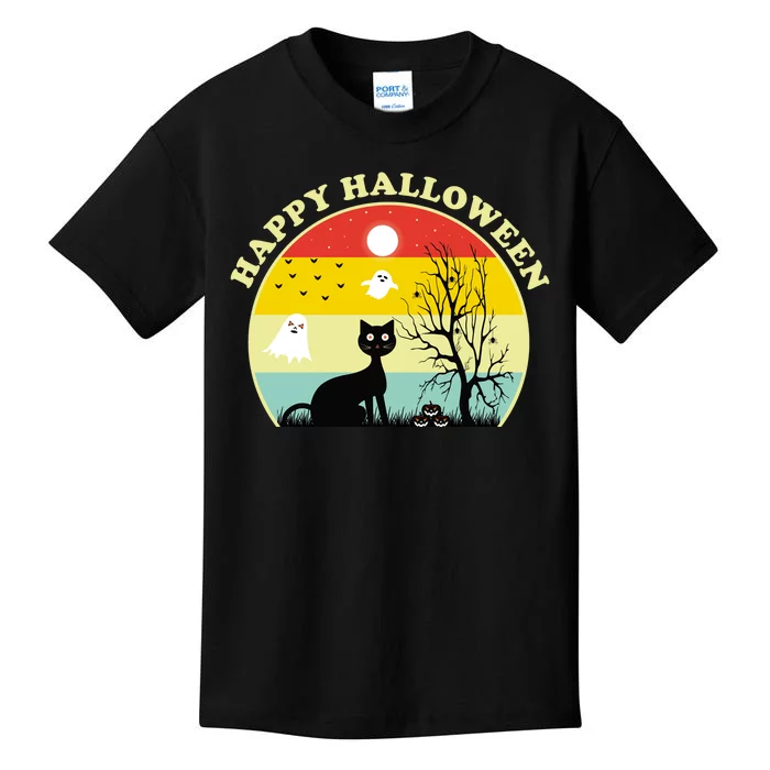 Happy Halloween Black Cat Retro Sunset Kids T-Shirt